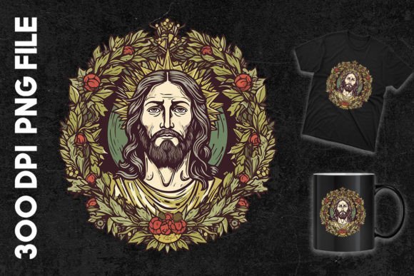Face of Jesus Set in a Leaf Wreath T-Shirt Designs